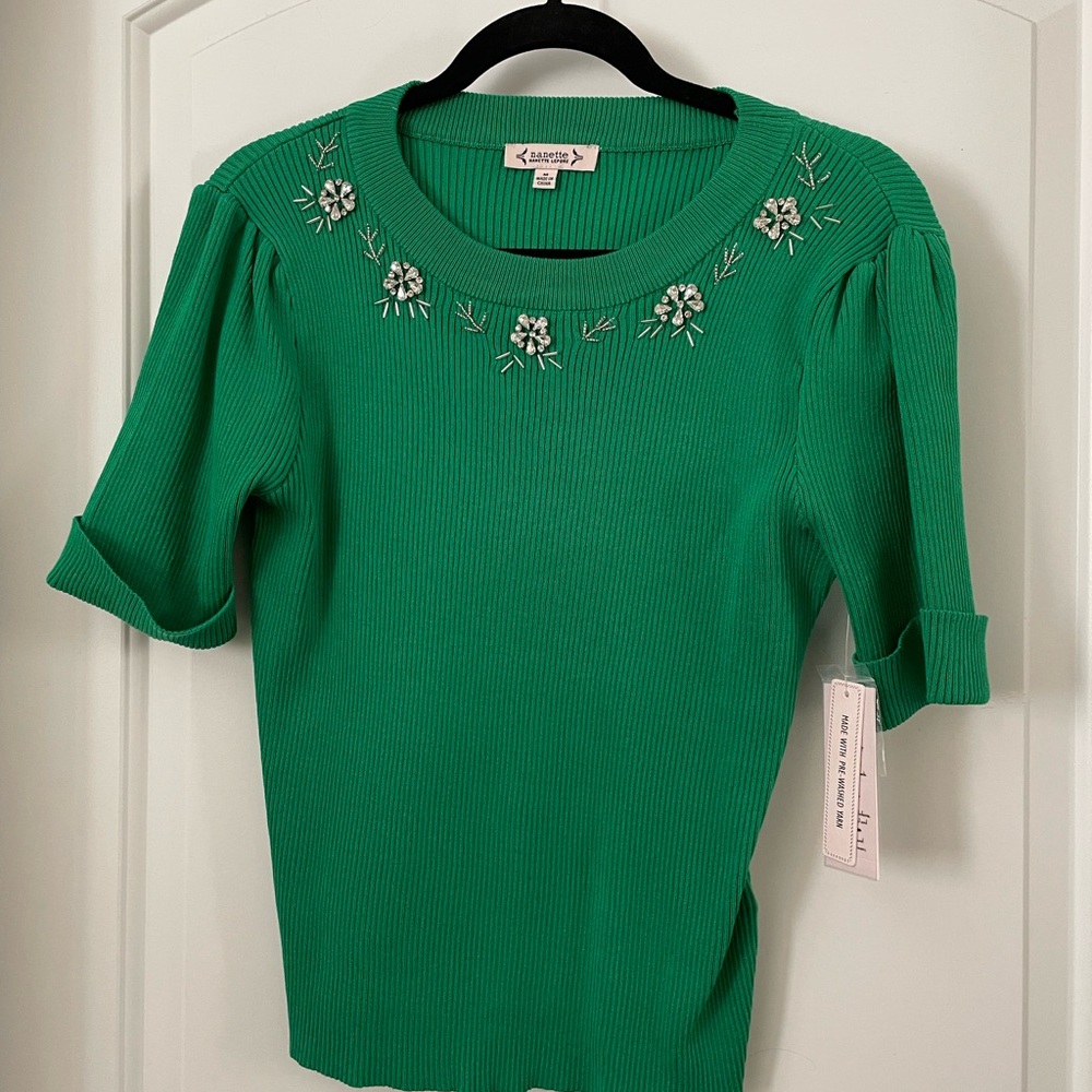 Green Embellished Short Sleeve lightweight Sweater